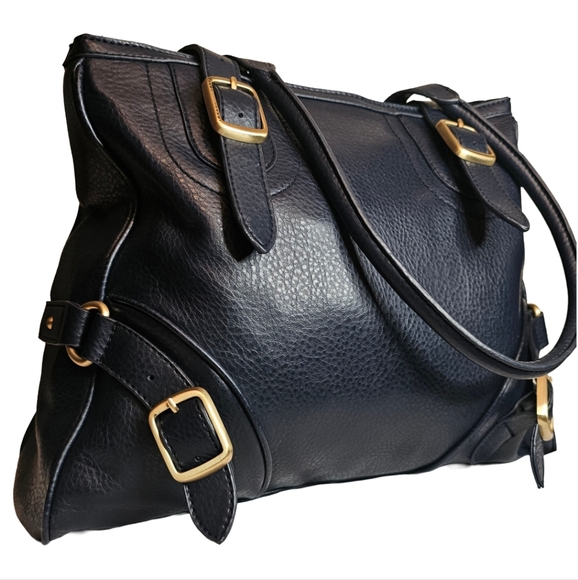 NATURALIZER] Navy Faux Leather Double Handles Shoulder Tote Bag Brass Buckles - Picture 1 of 13